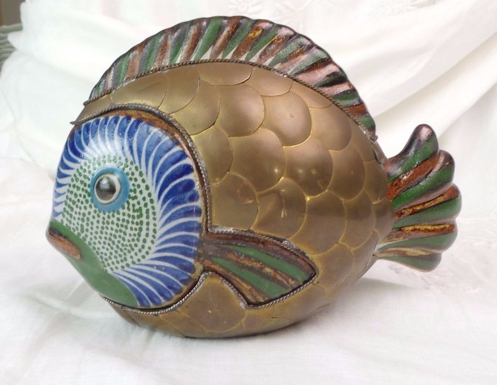 VINTAGE ARTS & CRAFTS STYLE BRASS & ENAMEL FISH