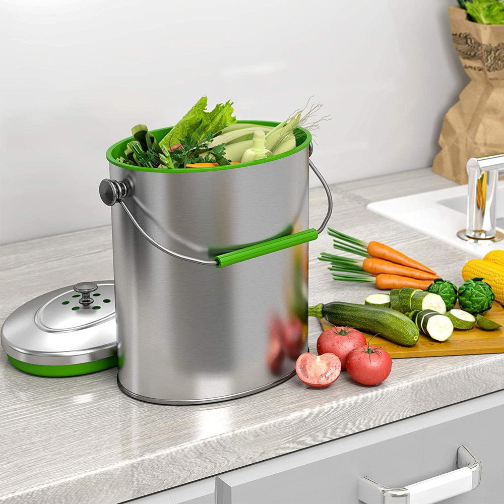 Stainless Steel Compost Bin 1.6 Gallon Includes Absorbx Odor Filter System, Pest