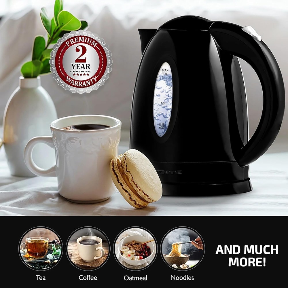 Efficient 1.7L Electric Kettle - 1100W Fast Heating with Removable Filter, Black