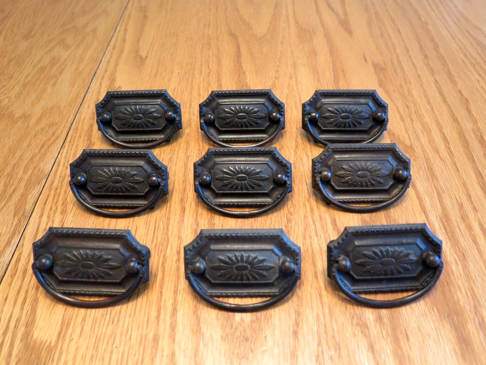 Antique Brass Tone Drawer Pulls Drop Pulls - Set of 9