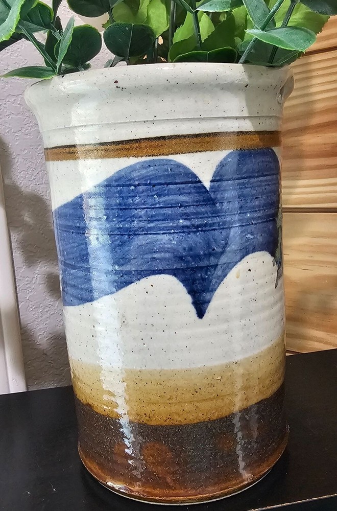 Signed Studio Pottery Vase Cream Blue Brown 7"