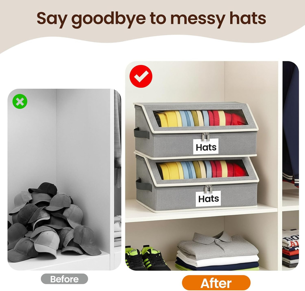 Hat Organizer for Baseball Caps, 2-Pack Stackable Hat Storage Box Holds 30 Caps,
