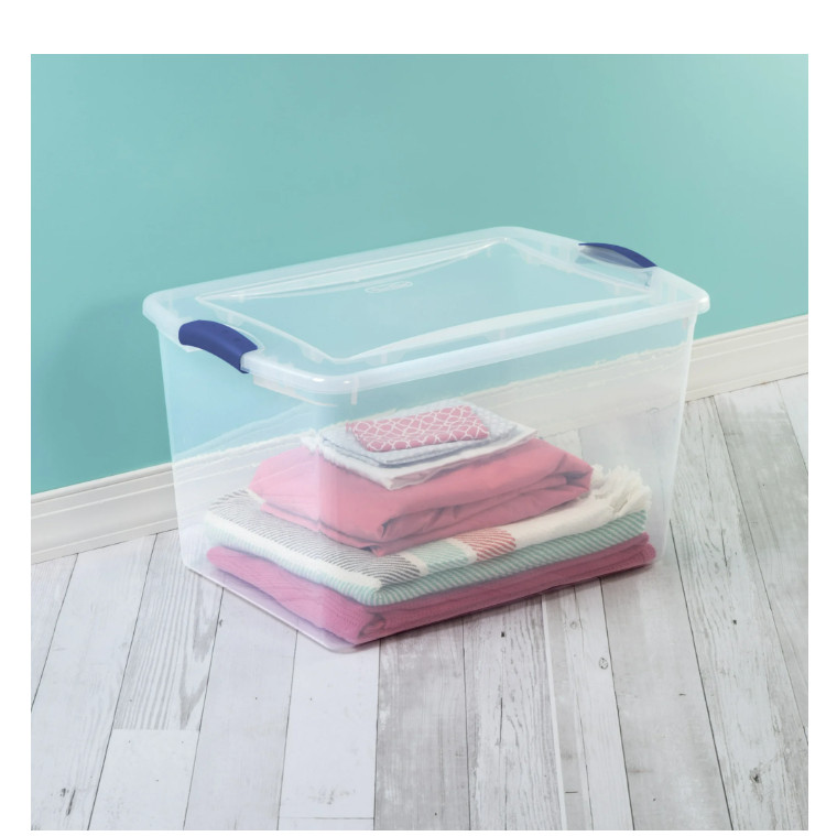 66QT Large Latching Storage Bin, Clear Plastic Container with Blue Lid