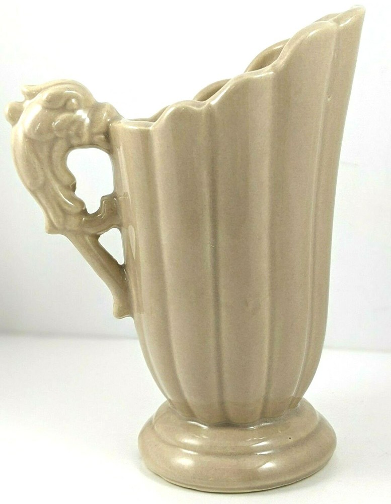 Vintage Shawnee Tan Pottery Pitcher Dolphin Handle USA