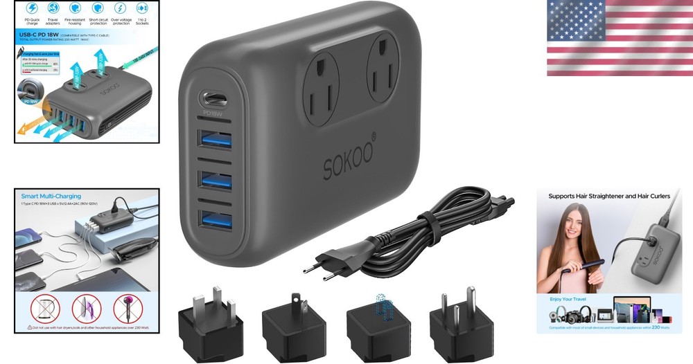 230W Voltage Adapter – Charges 6 Devices & Compatible with Multiple Nations