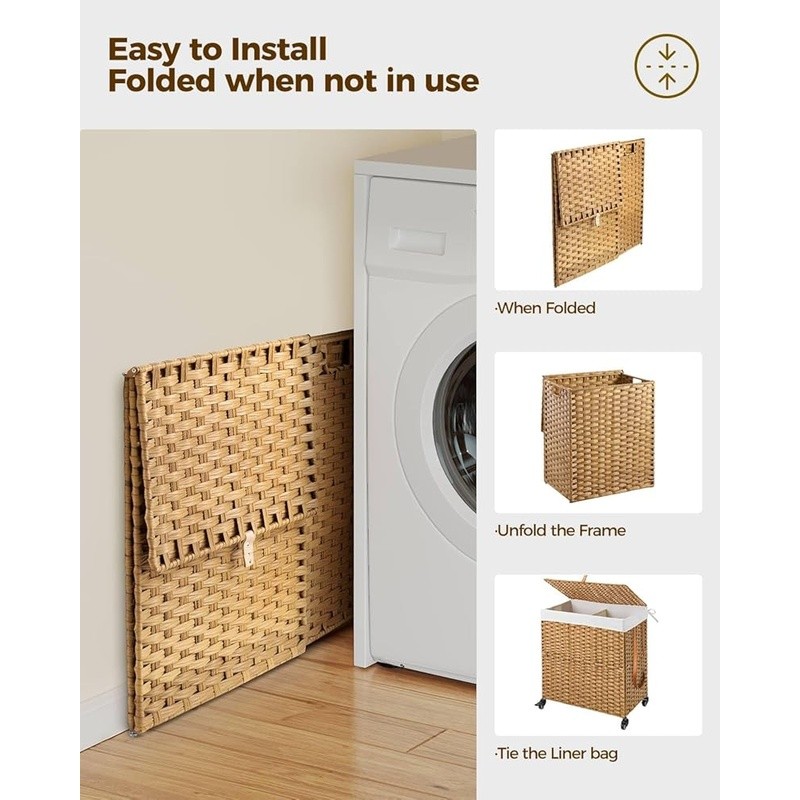 Handwoven Laundry Hamper Rolling Baskets W/ Removable Liner Moisture Resistant