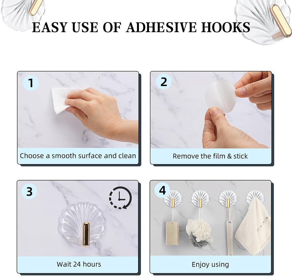 8PCS Shell Clear Adhesive Hooks - No Drill Removable Waterproof for Bathroom, Sh