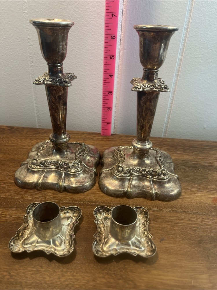 Vtg Pair Fancy Gorham Silver Plate Candlesticks with Inserts 7" 4x4” Base