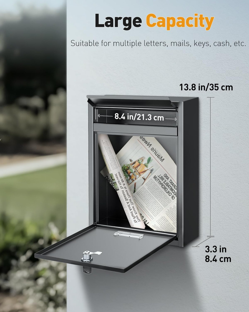Locking Wall Mount Mailbox Large Black Steel Secure Mail Box Key Drop