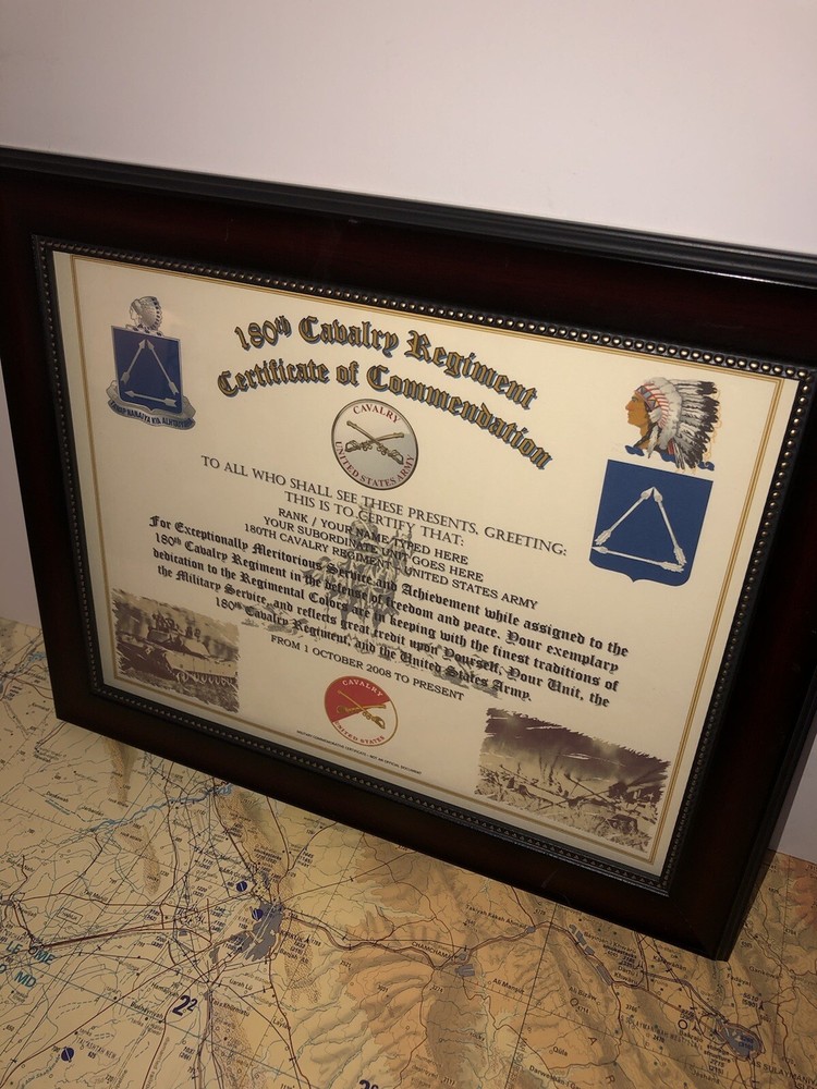 180TH U.S. CAVALRY REGIMENT / COMMEMORATIVE - CERTIFICATE OF COMMENDATION