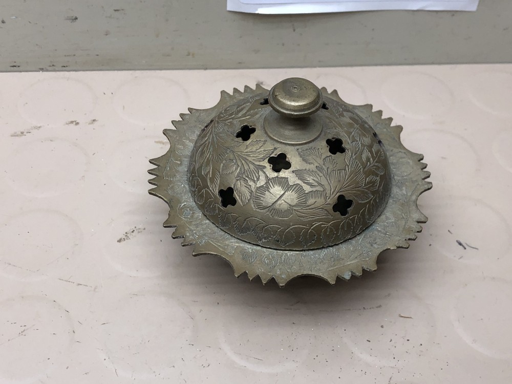 Vintage Solid Brass Incense Burner Small Marked INDIA Round W/ Etching