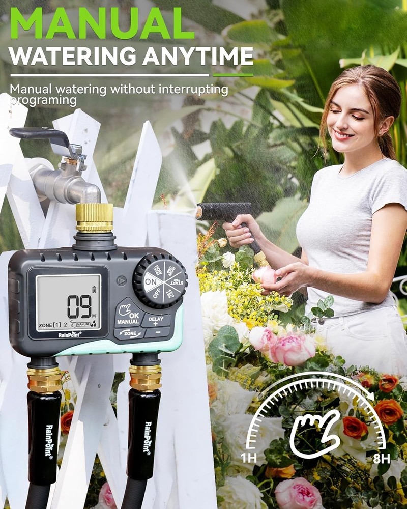 Compact 2 Zone Water Hose Timer with Manual Watering and Rain Delay Features