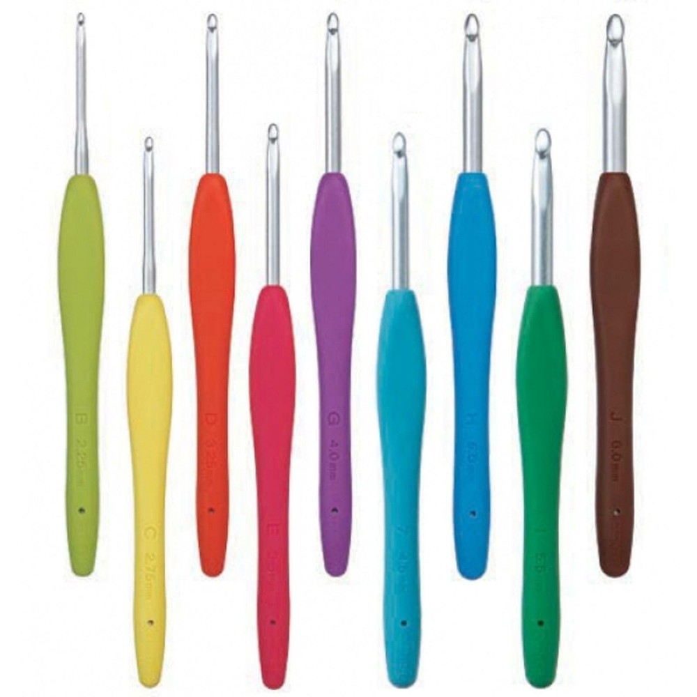 Crochet Hook Set 9Pc Soft Grip Ergonomic Aluminium Hooks 2mm-6mm Colour Coded