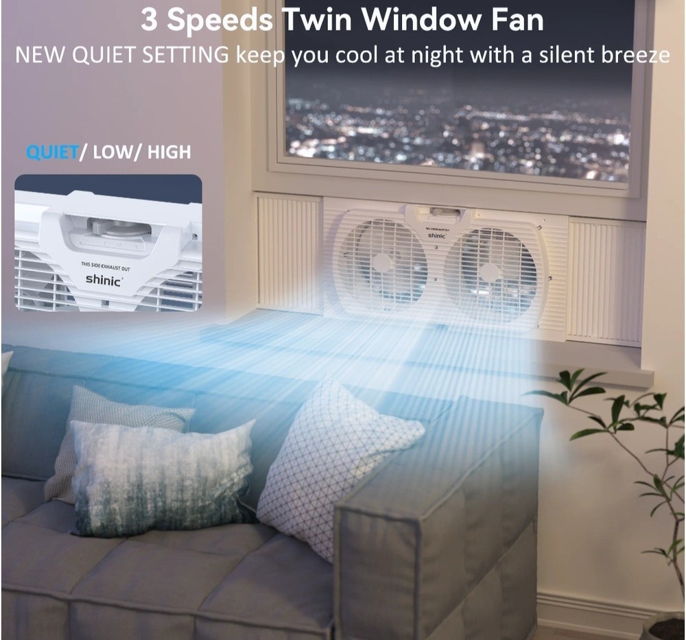 Shinic 9" and 3 Speed Double Window Fan with Extractable Insect Screen