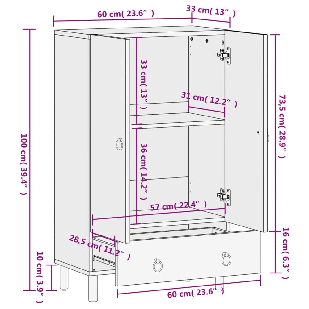 Highboard 23.6"x13"x39.4" Solid Wood Mango