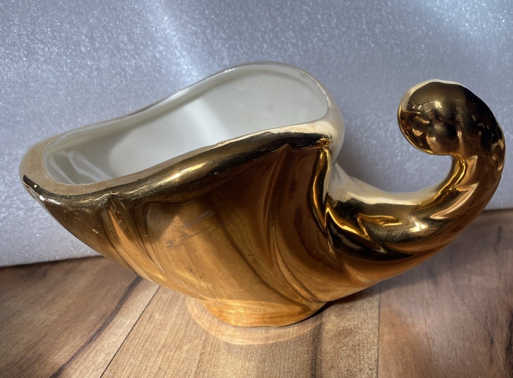 VTG Ceramic Goldtone Cornucopia Planter Shell Nautical