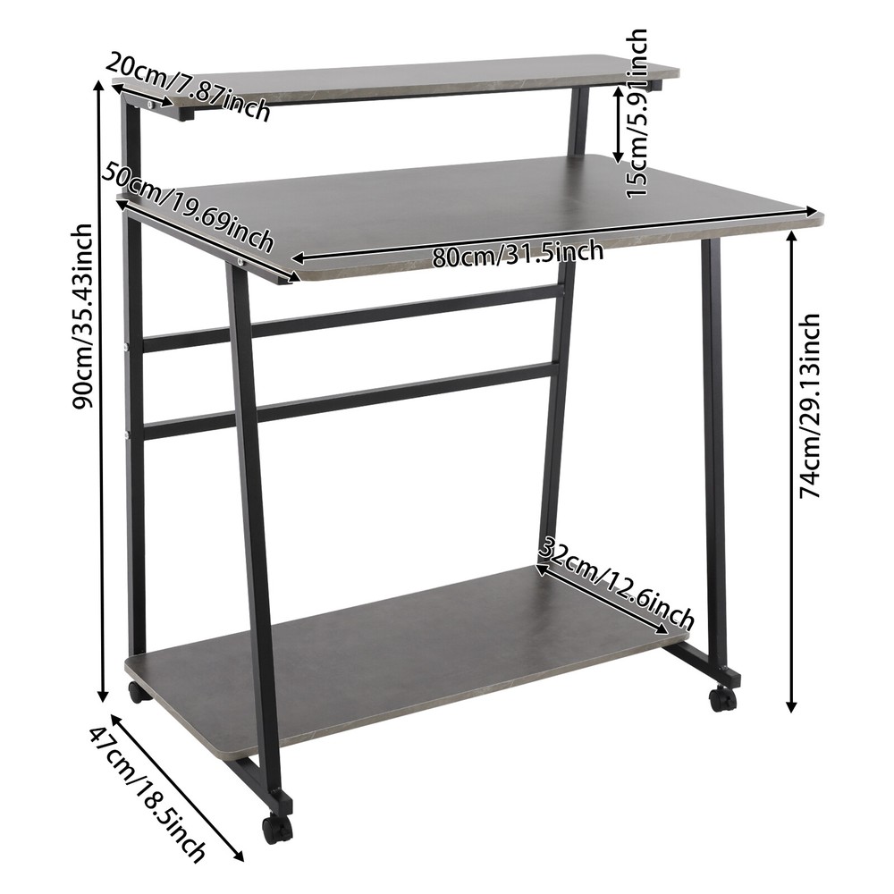 3-tier Rolling Computer Desk Capacity 55kg Modern Home Office Desk Black Grey