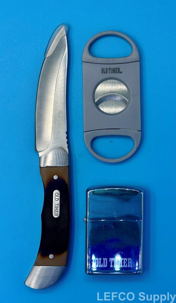 Schrade Old Timer 3 PC Gift Set Fixed Blade Knife Plus Lighter and Cigar Cutter
