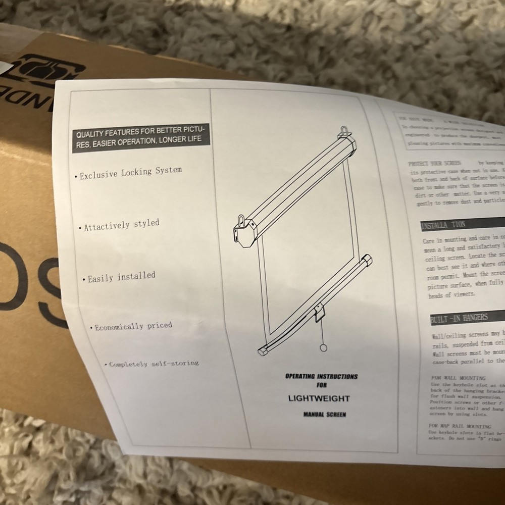 Projection Screen White Bar Built In Wall Hangers Locking System Light Weight