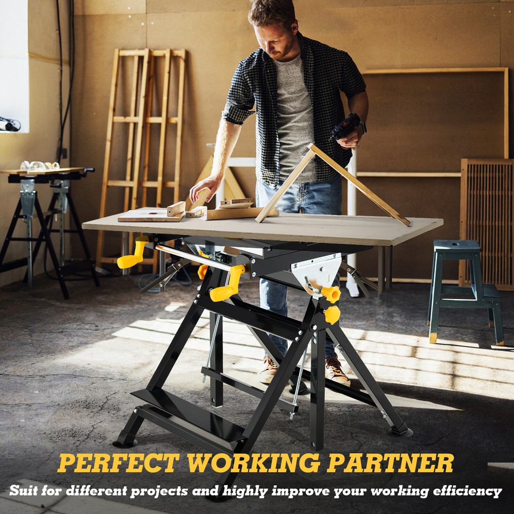 Folding Portable Workbench Work Table W/ Adjustable Height & Tiltable Platform