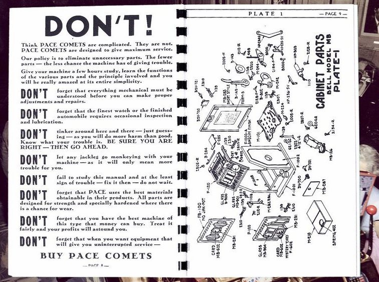 PACE COMET SLOT MACHINE and Front & Side VENDER PARTS & Service Owners MANUAL