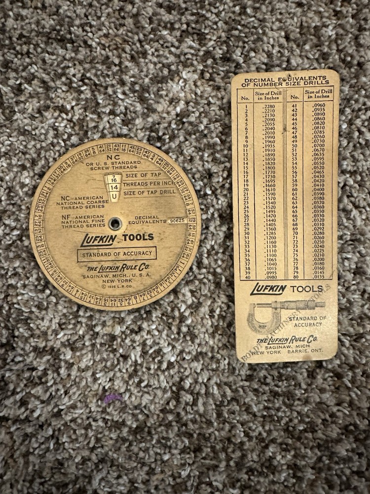 Vintage LUFKIN TOOLs Screw Threads Wheel Chart & LUFKIN Decimal/Drill Chart