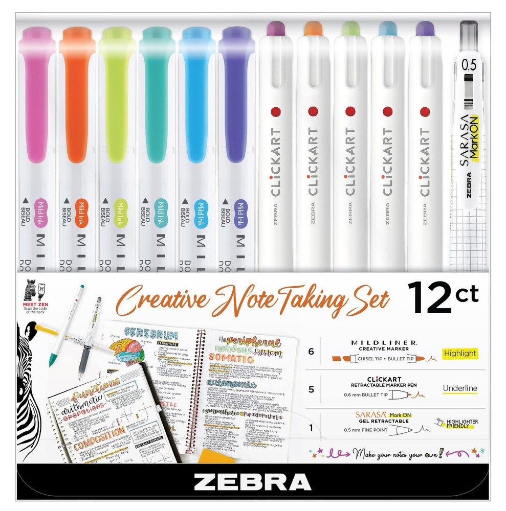 Zebra Pen Creative Notetaking Set 12-Pack, Includes 6 Highlighters, 5 CLiCKART