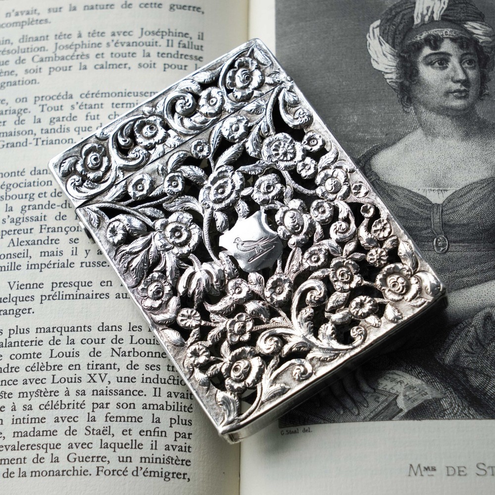 Antique Victorian Solid Silver Card Case Pierced Flowers - Francis Clark 1839