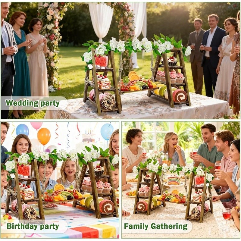 Foldable Solid Pine Dessert Stand Adjustable Ropes Events Catering Parties New