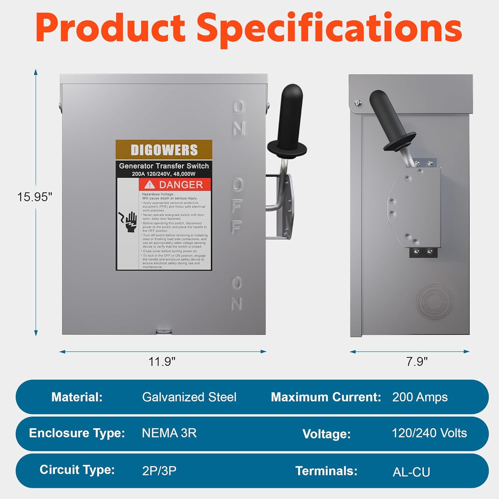 Upgraded 200 Amp Generator Transfer Switch, Manual Transfer Switch 2 Pole 4 Wire