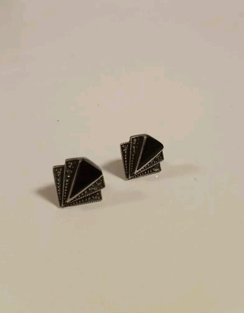Black Stone & Marcasite Silver Tone Earrings - D86