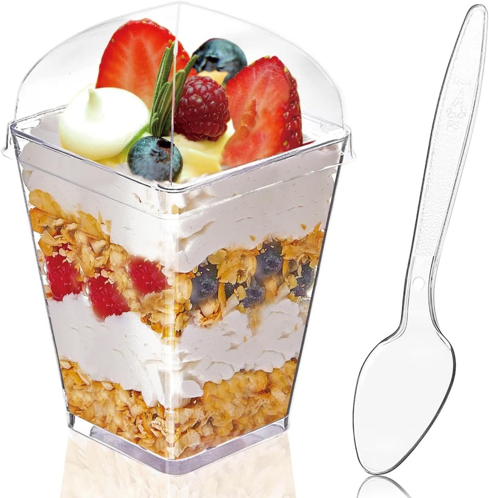 50Pack 5oz Clear Plastic Dessert Cups with Lids and Spoons, Normal,