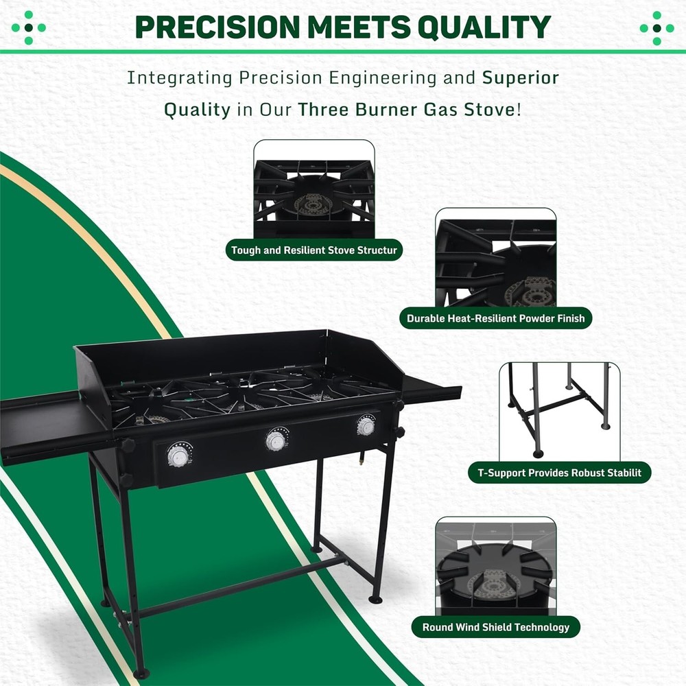 Three Burner Propane Outdoor Camping Stove - with Side Shelf and Wind Panel