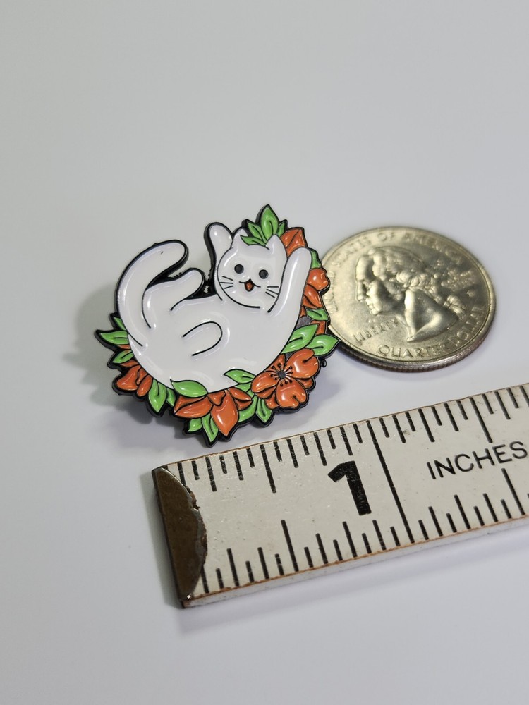 White Cat Rolling in Flowers Lapel Pin