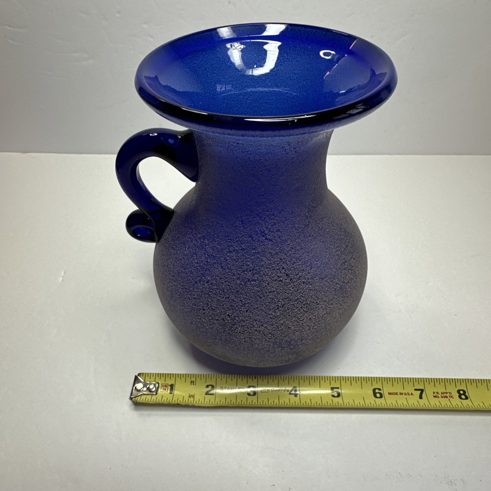 Cobalt blue pitcher/ Vase with textured finish decorative handle
