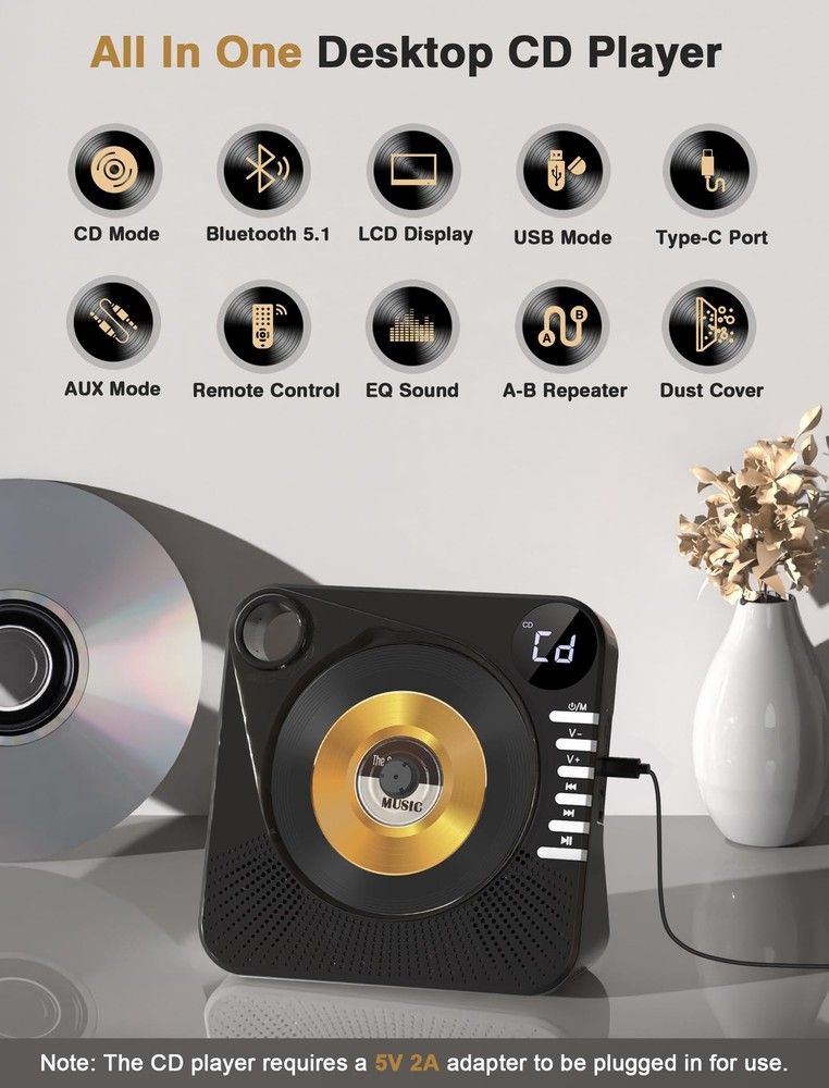 CD Player with HiFi Dual Speaker Portable Bluetooth,Desktop Black