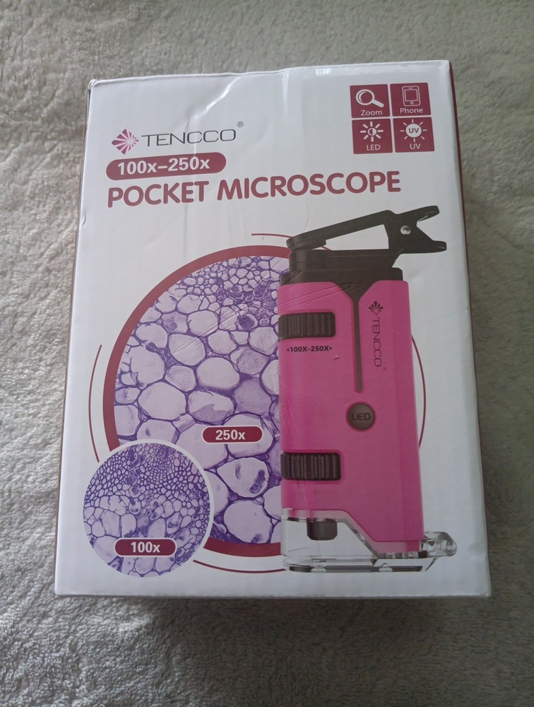Pocket Microscope Handheld 100x-250x Lighted Microscope. Pink