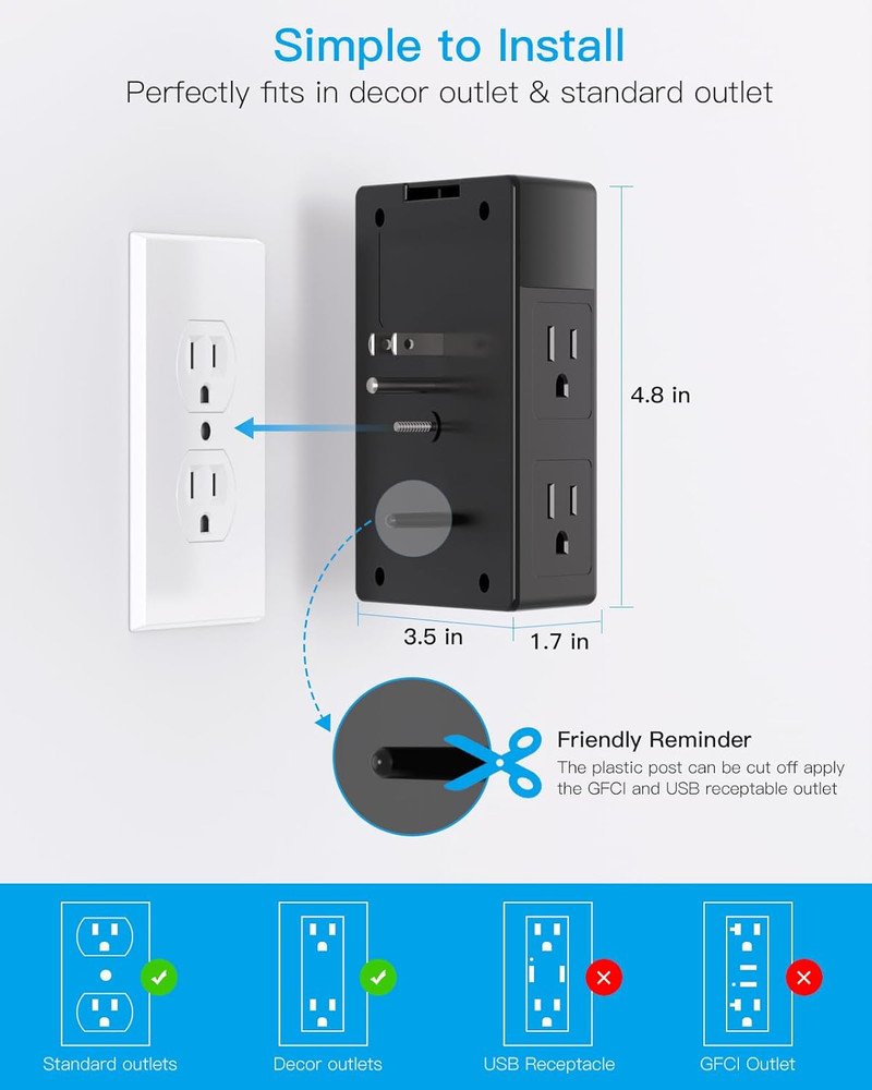 2 Pack Multi Plug Outlet, Surge Protector, 5 Outlet Extender with 4 USB Charging