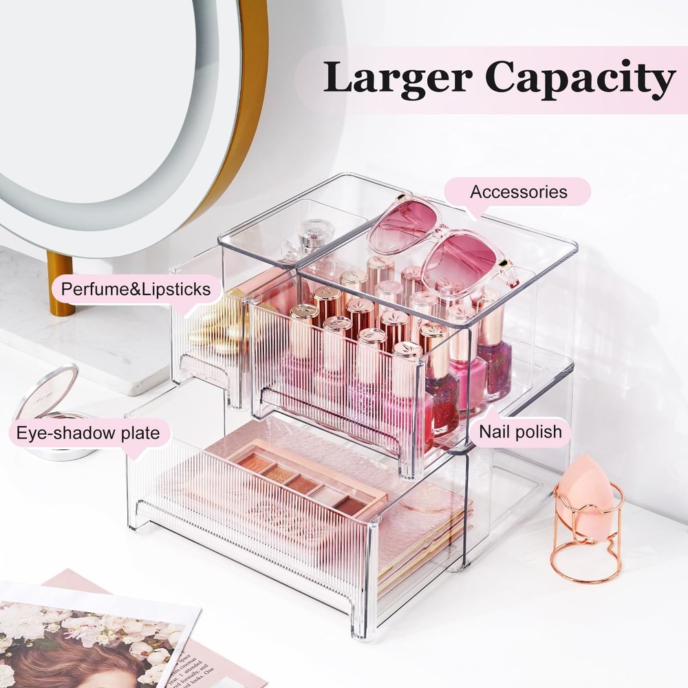 Clear Stackable Makeup Organizer, 3 Pack Plastic Drawer Storage with Handle f...