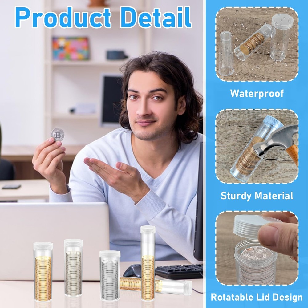 AIHSUMC 36 Pcs Plastic Coin Tubes, 6 Different Sizes Holders, Clear...