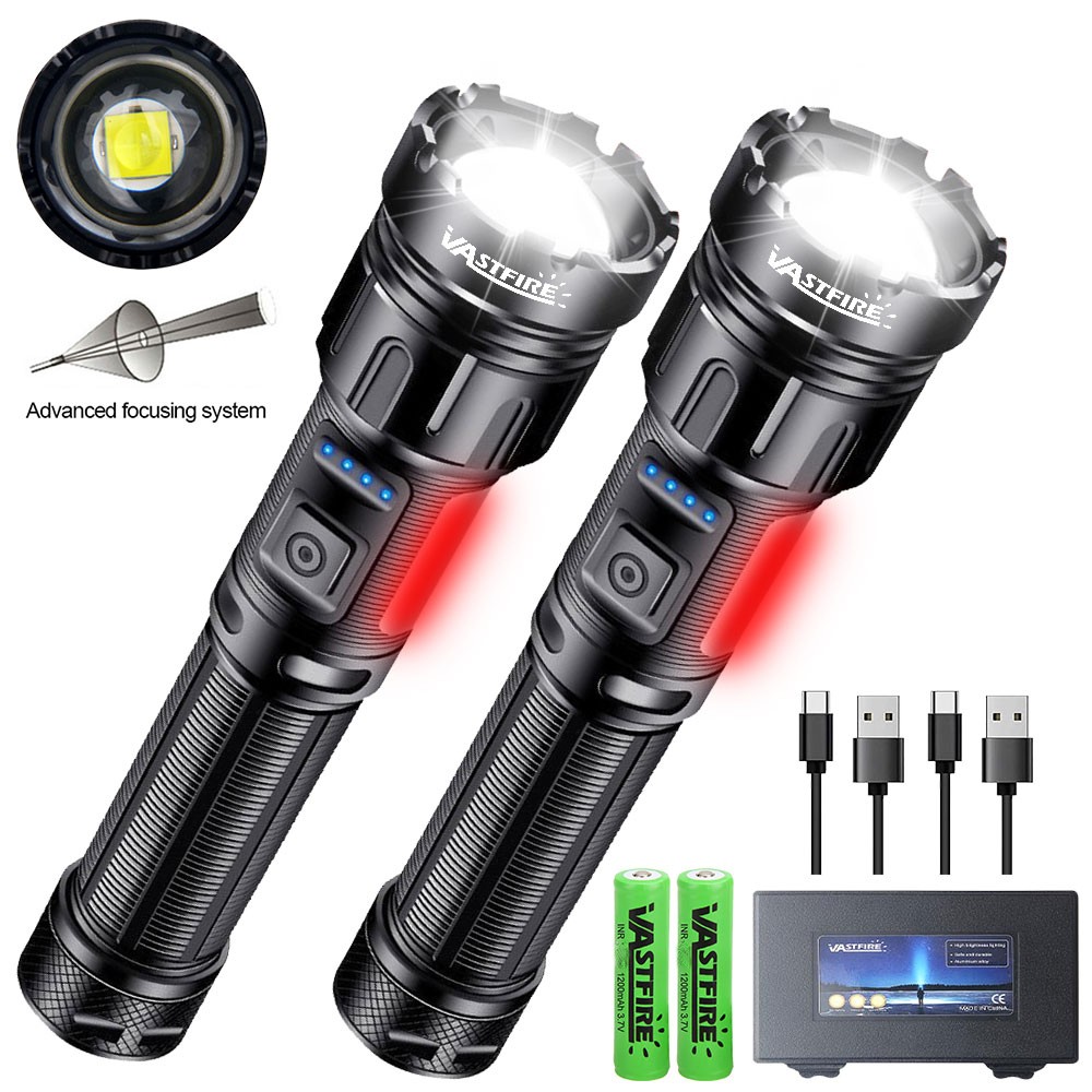 2X 20W COB LED Flashlight Zoomable USB Rechargeable White Red Light for Camping