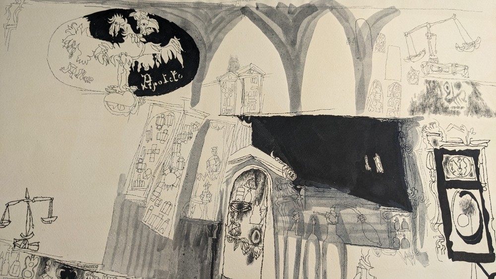 Fritz Kreidt, abstract room composition, drawing, unsigned