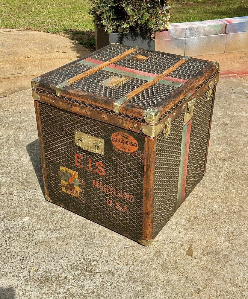 Antique Goyard Hat Cube Trunk Chevron Pattern