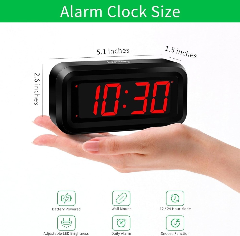 Digital Alarm Clock LED Display Small Wall Clock Battery Operated
