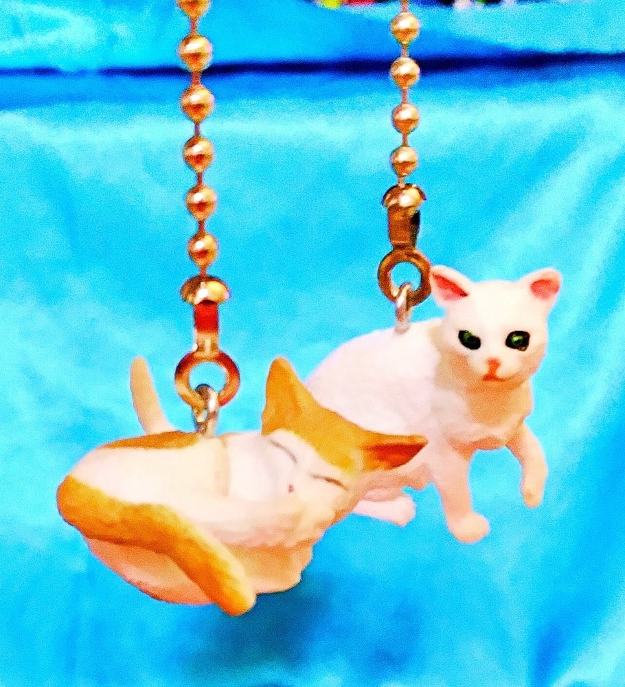 Set of Two ~ Sleeping Kitty & Roaming White Cat ~ Ceiling Fan Pulls