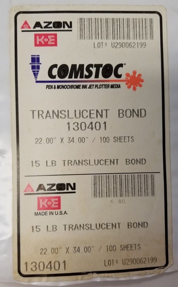 K&E Comstoc Translucent Bond 15# Plotter Media Paper 17 x 22 - 38 Sheet Pack