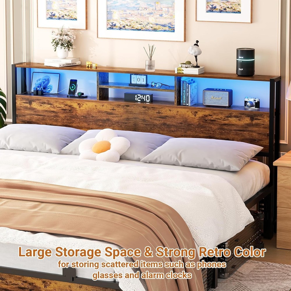 Aheaplus Headboard for King Size Bed with Storage, King, Rustic Brown