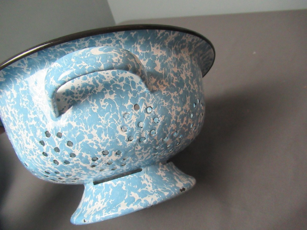 Enamelware Colander Light Blue & White Inside & Out - 2 Handles - 9 1/2" w - 242