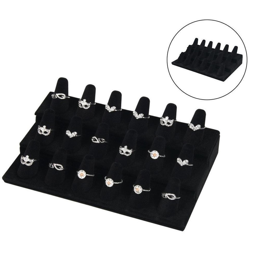 Solid Wood Velvet Cone Shape Finger Ring Display 18 Slots Counter A