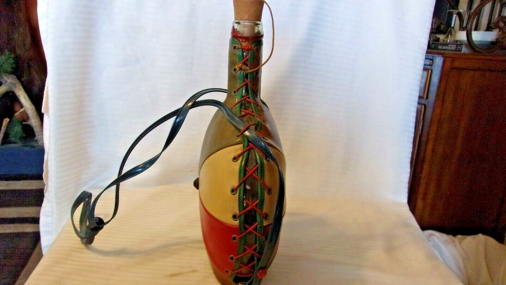 Multi Colored Leather Wrapped Glass Bottle, With Carrying Strap, Stopper